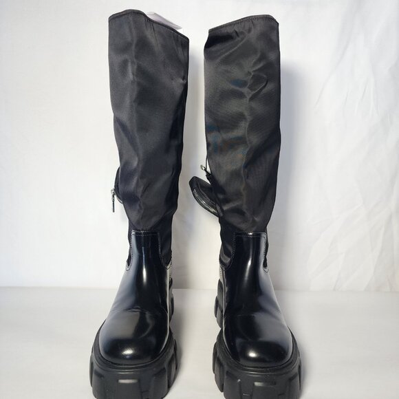 Prada Tall Leather Riding Boots - Black, Size 38, Mid-Heel Block Heel, Round Toe - Picture 3 of 16